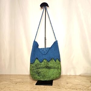 Handmade Whimsical Artisan Sheep's Wool Felted Green Blue Shoulder Bag Mongolia